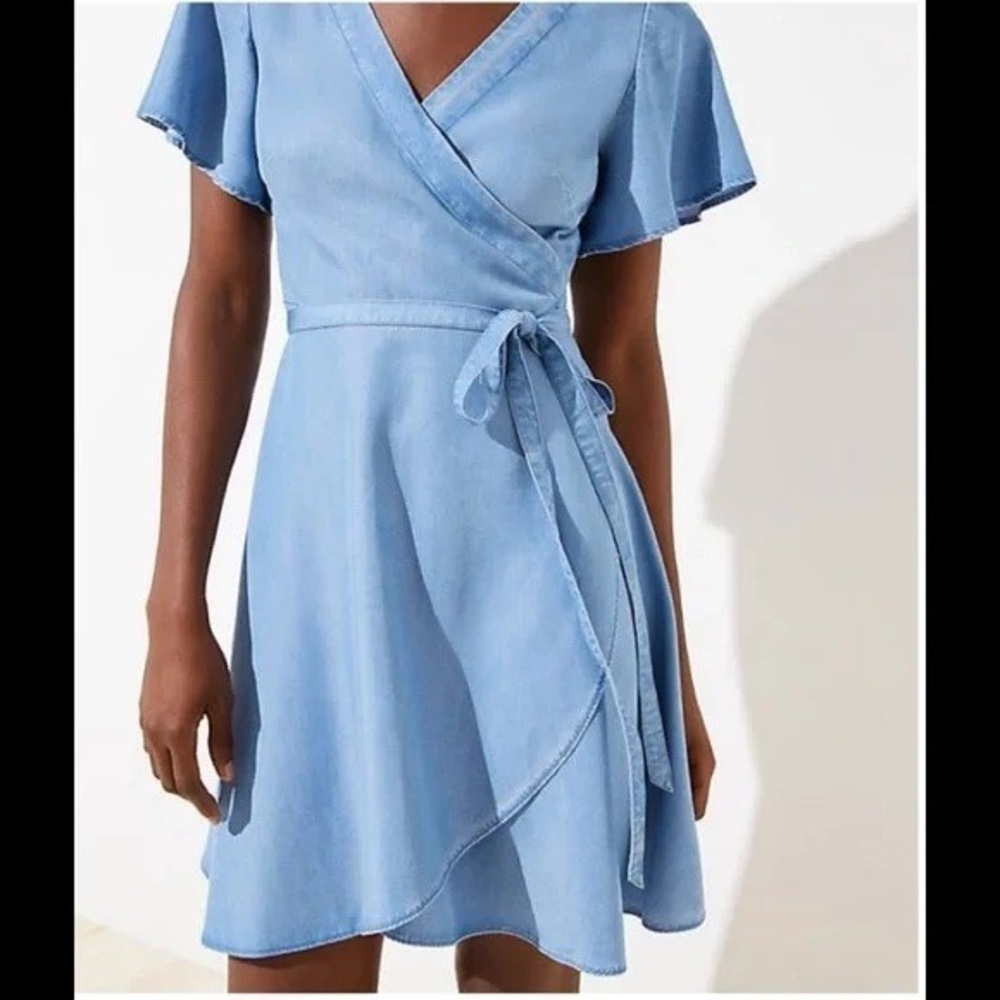 LOFT Chambray Wrap Dress Short Sleeves V Neck Tie Waist Mini Size 4P
